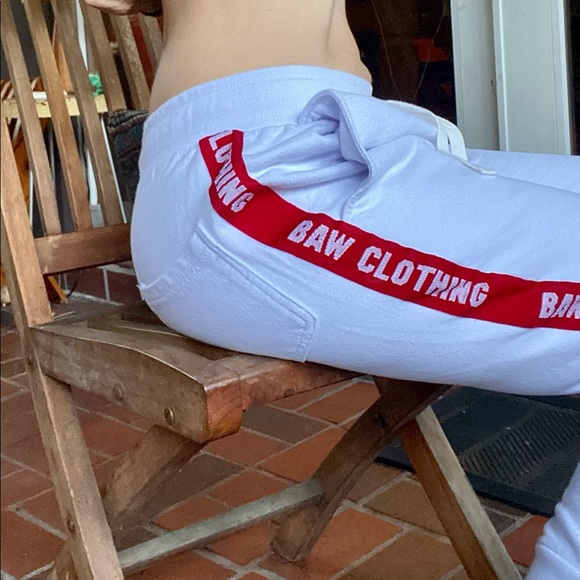 Baw white athletic wear men’s sweat pants with red branded ribbon embroidered - Picture 3 of 9